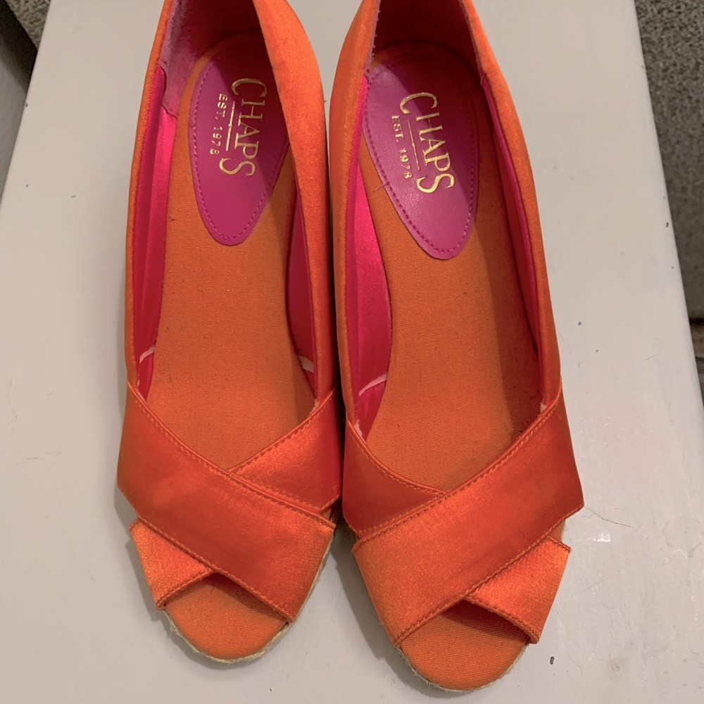 Ralph Lauren Chaps Espadrilles 6.5 Orange Sheen Wedges Stacked Heels